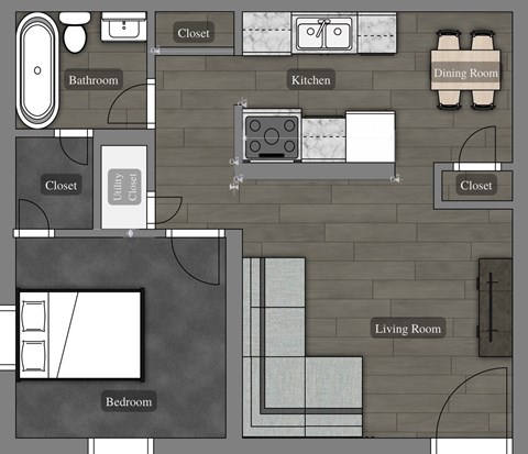 Floor plan for 1 bed, 1 bath, 800 sqft
